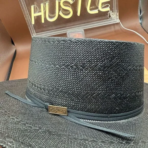 Larry Mahan Gambler Hat With Cord 6x Handwoven Shantung 7 Western Black USA - Picture 5 of 15